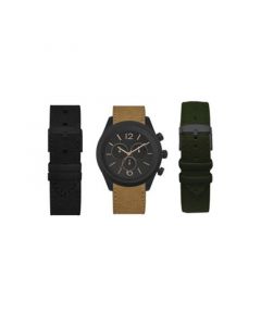 Men's Analog Black Strap Watch 44mm with Black, Light Cognac and Olive Camo Interchangeable Straps Set