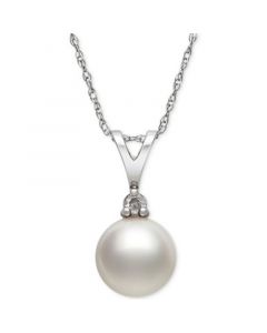 Akoya Pearl (7mm) and Diamond Accent Pendant Necklace in 14k White Gold