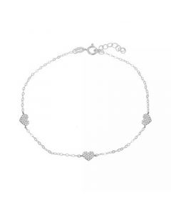 Cubic Zirconia Pavé 3 Heart Station Ankle Bracelet in Sterling Silver or 18K Gold-Plated Sterling Silver