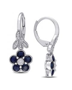 Sapphire (4-1/3 ct. t.w.) & Diamond (1/7 ct. t.w.) Flower Drop Earrings in 10k White Gold