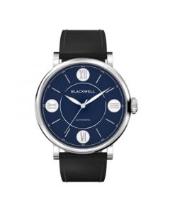 Dark Blue Dial with Silver Tone Steel and Black Leather Watch 44 mm