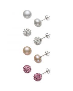 4-Pc. Set Cultured Freshwater Pearl (8mm) & Crystal Stud Earrings in Sterling Silver