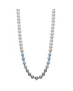 Milky Aquamarine and Cultured Freshwater Pearl 18” Strand Necklace in Sterling Silver