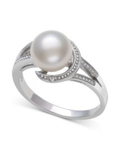 Cultured Freshwater Pearl (8mm) & Diamond Accent Swirl Ring in Sterling Silver