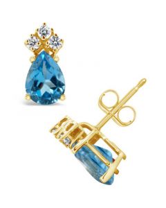 Blue Topaz (1-3/4 ct.t.w) and Diamond (1/8 ct.t.w) Stud Earrings in 14K Yellow Gold