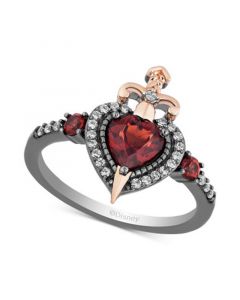 Enchanted Disney Villains Garnet (7/8 ct. t.w.) & Diamond (1/6 ct. t.w.) Evil Queen Heart & Sword Ring in 14k Rose Gold & Black Rhodium-Plated Sterling Silver