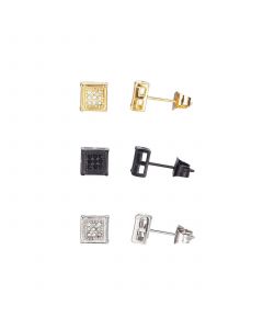 Stainless Steel Tri-Tone Square Cubic Zirconia Earring Set