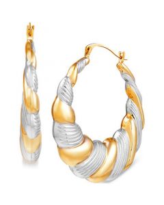 Scalloped Edge Two-Tone Puff Hoop Earrings in 14k Gold & Rhodium-Plate