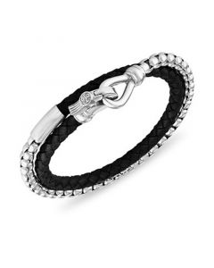 Black Leather Double Wrap Bracelet in Stainless Steel (also in Brown Leather), Created for Macy's