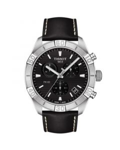 Men's Swiss Chronograph PR 100 Sport Black Leather Strap Watch 44mm