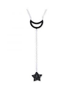 Black Spinel Moon & Star Lariat Necklace in Sterling Silver, 16" + 2" extender