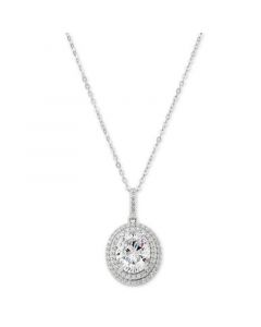 Cubic Zirconia Double Halo 18" Pendant Necklace in Sterling Silver