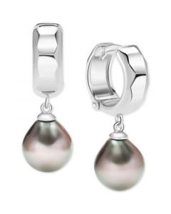 Cultured Tahitian Pearl (9mm) Dangle Huggie Hoop Earrings in Sterling Silver