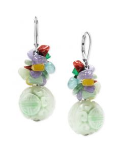 Dyed Jade Carved Bead & Dyed Multicolor Jade Chip Drop Earrings in Sterling Silver