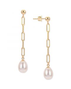 Cultured Freshwater Pearl (7-8mm) Paperclip Drop Earrings in 14k Gold