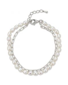 Cultured Freshwater Pearl (4-4-1/2mm) & Paperclip Chain Double Bracelet in Sterling Silver