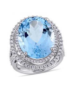 Blue Topaz (22 ct. t.w.) and Diamond (7/8 ct. t.w.) Double Halo Ring in 14k White Gold