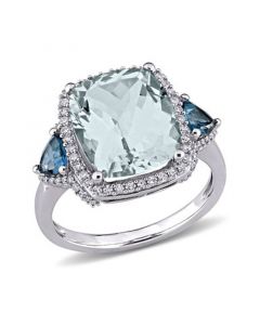 Aquamarine (5 ct. t.w.) Blue Topaz (3/5 ct. t.w.) and Diamond (1/3 ct. t.w.) 3-Stone Halo Ring in 14k White Gold