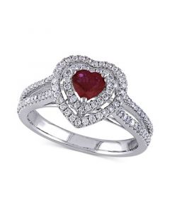 Ruby (3/5 ct. t.w.) & Diamond (3/8 ct. t.w.) Heart Double Halo Ring in 14k White Gold