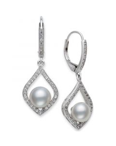 Cultured Freshwater Pearl (7mm) & Cubic Zirconia Drop Earrings in Sterling Silver