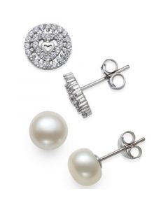 2-Pc. Set Cultured Freshwater Pearl (7mm) & Cubic Zirconia Stud Earrings in Sterling Silver