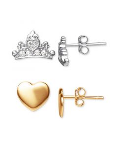 2-Pc. Set Cubic Zirconia Tiara & Heart Stud Earrings in Sterling Silver & 18k Gold-Plated Sterling Silver