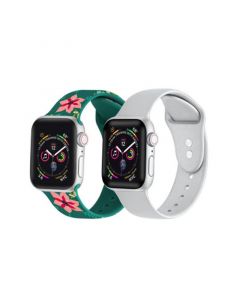 Men's and Women's Green Floral Silver-Tone Metallic 2 Piece Silicone Band for Apple Watch 38mm