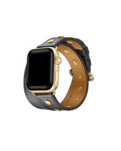 Men's and Women's Black Genuine Leather with Gold-Tone Studs Wrap for Apple Watch 38mm