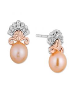 Pink Cultured Freshwater Pearl (7mm) & Diamond (1/7 ct. t.w.) Ariel Shell Stud Earrings in Sterling Silver & 14k Rose Gold