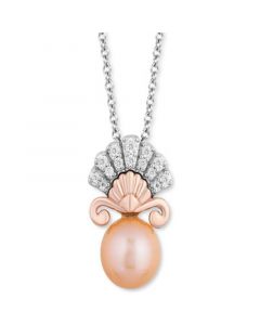 Pink Cultured Freshwater Pearl (8mm) Diamond (1/7 ct. t.w.) Ariel Shell Pendant Necklace in Sterling Silver & 14k Rose Gold, 16" + 2" extender