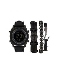 Men's Quartz Digital Dial Black Silicone Strap Watch and Assorted Black Stackable Bracelets Gift Set, Set of 4