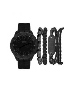 Men's Quartz Dial Black Fabric Strap Watch and Assorted Black Stackable Bracelets Gift Set, Set of 5