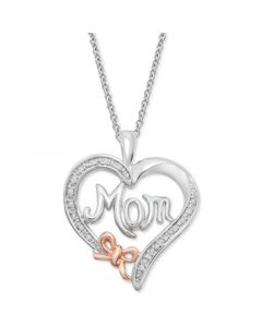 Diamond Accent Mom Heart 18" Pendant Necklace in Sterling Silver & 14k Rose Gold-Plate