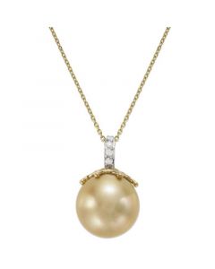 14k Gold Golden South Sea Pearl (14mm) and Diamond Accent Crown Pendant Necklace