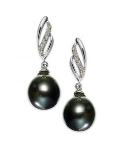 14k White Gold Tahitian Pearl (9mm) and Diamond (1/10 ct. t.w.) Drop Earrings