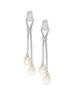 Cultured Freshwater Pearl (7-1/2mm) and Cubic Zirconia Chain Drop Earrings in Sterling Silver