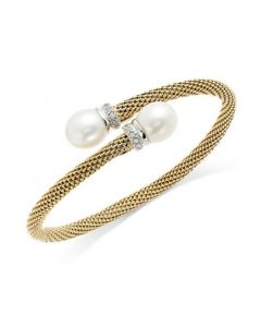 Cultured Freshwater Pearl and Cubic Zirconia Mesh Cuff Bracelet in 14k Gold over Sterling Silver (10mm)