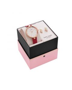 Women's Holland Red Leather Watch and Earring Box Set 34mm