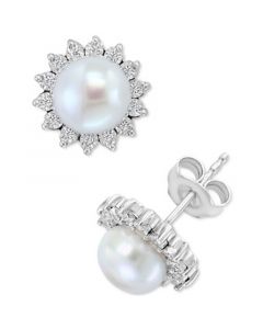 EFFY® Cultured Freshwater Pearl (7mm) & Diamond (1/10 ct. t.w.) Stud Earrings in Sterling Silver