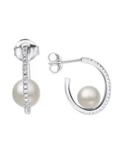 Cultured Freshwater Pearl (6mm) & White Zircon (1/4 ct. t.w.) Hoop Earrings in Sterling Silver