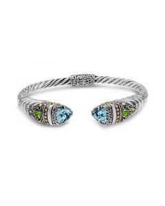 Blue Topaz and Peridot Bali Filigree Hinge Cuff Bracelet in Sterling Silver and 18K Gold