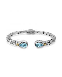 Blue Topaz Bali Filigree Hinge Cuff Bracelet in Sterling Silver and 18K Gold