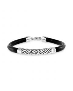 EFFY® Men's Woven-Look Black Leather Bracelet in Sterling Silver