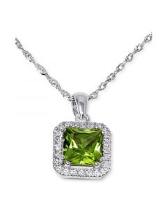 Peridot (7/8 ct. t.w.) & Diamond (1/10 ct. t.w.) Halo Pendant Necklace in 14k White Gold, 16" + 2" extender