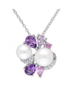 Cultured Freshwater Pearl (6-1/2 & 7-1/2mm) & Multi-Gemstone (1-3/8 ct. t.w.) Cluster 18" Pendant Necklace in Sterling Silver