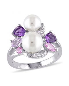 Cultured Freshwater Pearl (6-1/2 & 7-1/2mm) & Multi-Gemstone (1-3/8 ct. t.w.) Cluster Ring in Sterling Silver