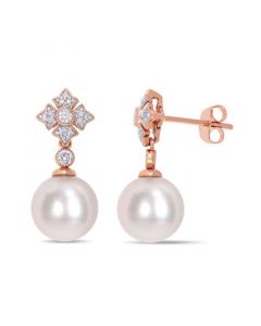 Cultured Freshwater Pearl (9-1/2mm) & Diamond (1/5 ct. t.w.) Drop Earrings in 10k Rose Gold