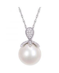 Cultured Freshwater Pearl (11mm) & Diamond (1/10 ct. t.w.) 17" Pendant Necklace in 10k White Gold