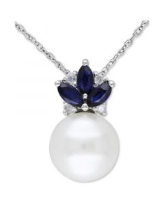 Cultured Freshwater Pearl (8-1/2mm), Sapphire (1/3 ct. t.w.) & Diamond Accent 17" Pendant Necklace in Sterling Silver