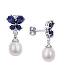 Cultured Freshwater Pearl (8mm) & Lab-Created Blue & White Sapphire (3-3/4 ct. t.w.) Butterfly Drop Earrings in Sterling Silver